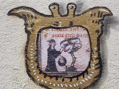 Crowned Creature and Manuscript — Street art by Codex Urbanus in Clermont-Ferrand