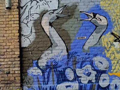 Cygnes blancs sur mur de brique — Street art à Berlin