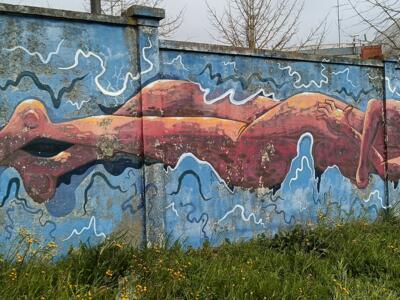 Corps allongés en rouge et rose — Street art à Lisboa