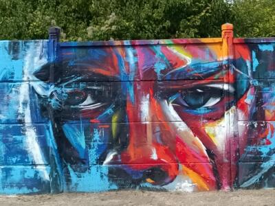 Visage éclaté en touches rouges et bleues — Street art à Reims
