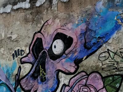 Purple Skull and Faded Rose — Street art in Almada
