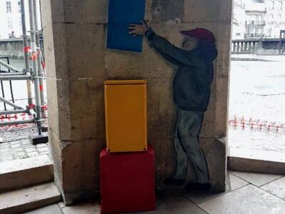 The boy stacking boxes, by OakOak — Street art by OakOak in Bayonne