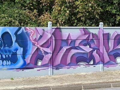 Crâne bleu et lettrage mauve par Ser — Street art à Reims
