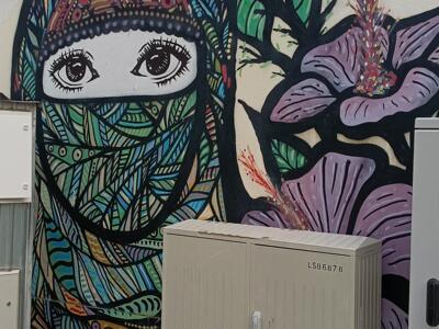 Face in a Patterned Headscarf with a Red Flower — Street art in Lisboa