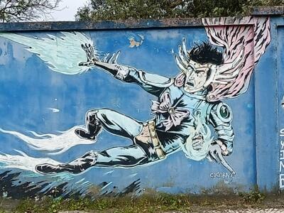 Manga hero in mid-flight — Street art in Lisboa