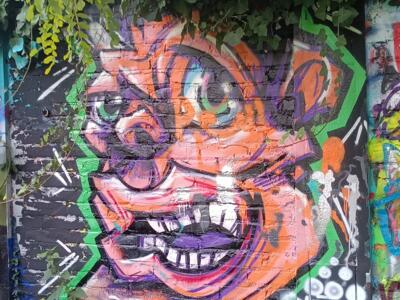Visage grimaçant orange sous le lierre — Street art à Düsseldorf