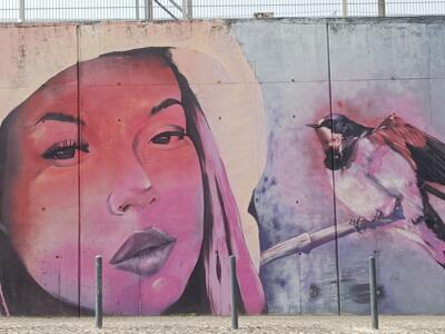 Visage rose et hirondelle sur la branche — Street art de MS Ketam à Lisboa