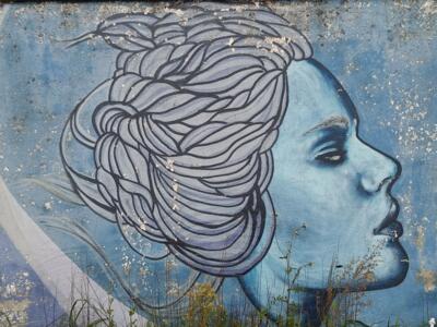 Profil bleu à la coiffure tressée — Street art à Lisboa
