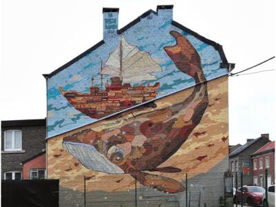 Whale and vessel — Street art by Psoman in Engis