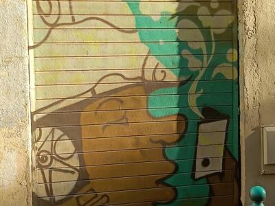 Brown and Green Scrolls on a Shutter — Street art in Marseille