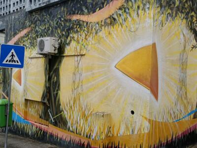 Golden Wheat Field and Orange Triangle — Street art in Lisboa