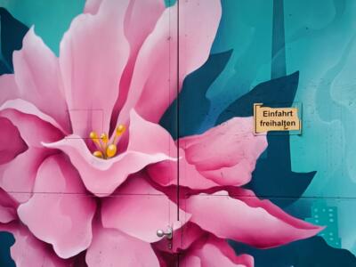 Fleur rose et Rheinturm sur la porte 59 — Street art à Düsseldorf