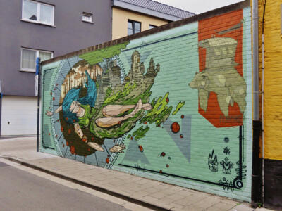 The diver and the caged bear — Street art by Psoman in Gent
