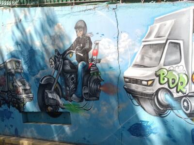 Collective wall with the flying pizza van — Street art in Marseille