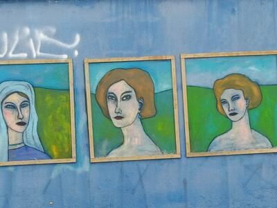 Triptych of framed female portraits — Street art in Lisboa