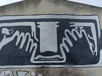 Face with Hands, Black and White Screenprint Style — Street art in Almada