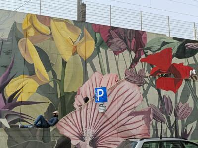 Fresque botanique géante aux arums jaunes — Street art de Thiago Mazza à Lisboa