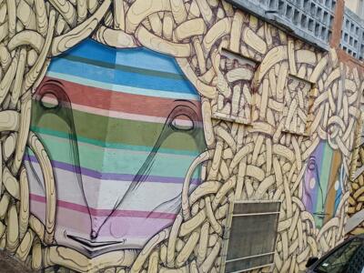 Wall of Interlacing and a Rainbow Face — Street art in Lisboa