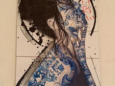 Azulejo Profile with Blue Flowers — Street art by O Gringo in Lisboa