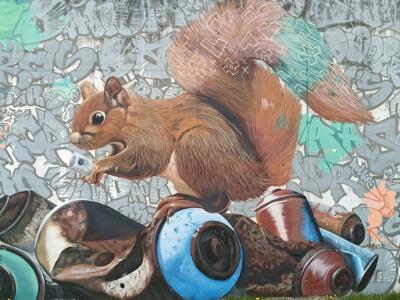 Squirrel Perched on Spray Cans — Street art by RCLS Crew in Lisboa