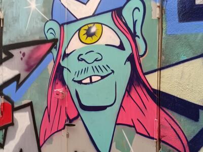 Pink-haired cyclops on an iron door — Street art in Marseille
