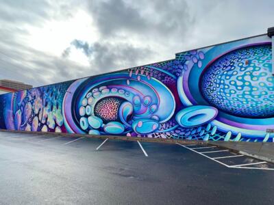Blue Bubbles on Quincy Avenue — Street art by Anna Charney in Denver
