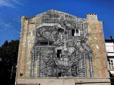 Face and Wading Birds — Street art by Monkey Bird in Tbilisi