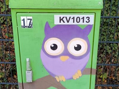 Purple owl on a utility cabinet — Street art in Erkrath