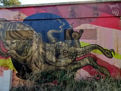 Pieuvre à l'encre sur mur rose — Street art de Miss Veneno à Nantes