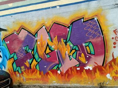 Festival Cultura Crua, Purple Lettering and Blue Monster — Street art by Fled13 Bombingart in Almada