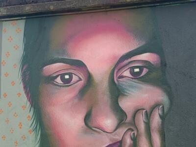 Pink portrait, hand on the cheek — Street art in Nantes