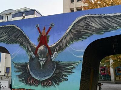 The Pigeon and the Crayon by Créons — Street art by Créons in Bruxelles