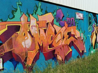 Lettrage orange aux flammes vertes — Street art à Sainte-Luce-sur-Loire