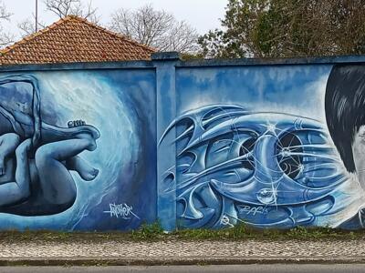 Blue foetus, machinery and a child's portrait — Street art in Lisboa
