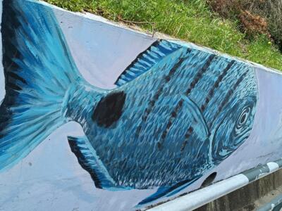 Poisson bleu sur le mur de soutènement — Street art à Almada