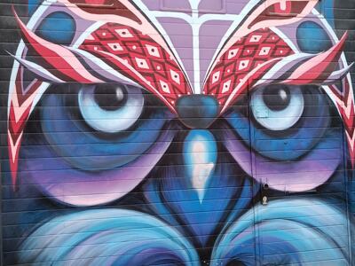 Stylised owl on a garage door — Street art by Muga in Bruxelles