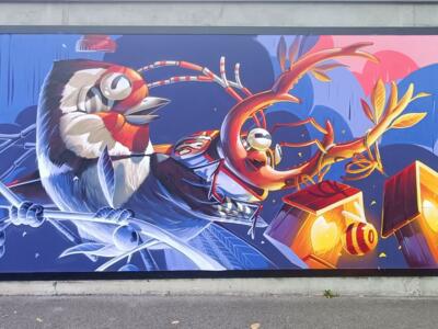 Goldfinch and Stag Insect by Stom500 — Street art by Stom500 in Reims