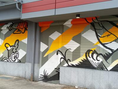 Rideaux de fer aux animaux au trait — Street art à Düsseldorf