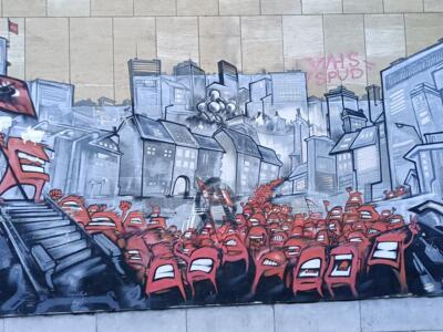 The Red Crowd with a Flag, Impasse de la Barbe — Street art in Bruxelles