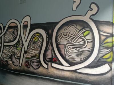 Pho lettering made of rice noodles — Street art in Düsseldorf