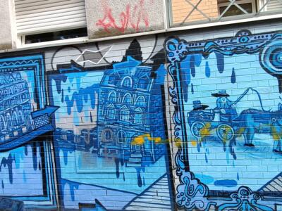 Blue panels of nineteenth-century Cologne — Street art in Köln