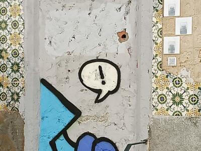 Blue Figure with an Exclamation Mark — Street art in Lisboa
