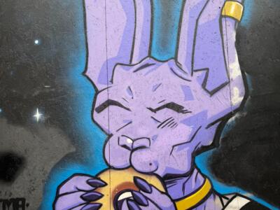 Beerus biting into a treat — Street art in Bordeaux