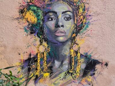 Portrait in a colourful headwrap, by Vale Stencil — Street art by Vale Stencil in Marseille