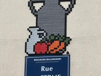 Bidon de lait et légumes de la rue de la Ferme — Street art de Mifamosa à Boulogne-Billancourt