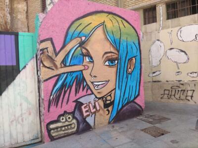 Manga Portrait with Blue Hair — Street art in València