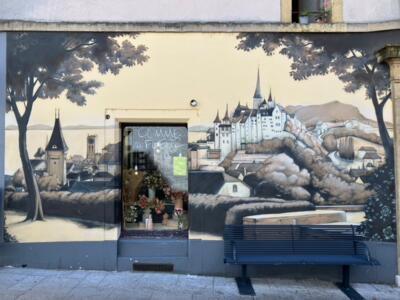 Panorama de Neuchâtel autour d'une devanture — Street art à Neuchâtel