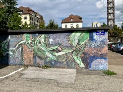 Green Lettering at Passage des Terreaux — Street art in La Chaux-de-Fonds