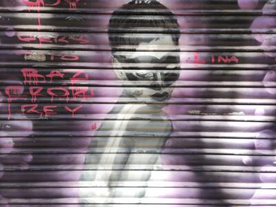 Faded Portrait on a Lilac Shutter — Street art by Liz art Berlin in València