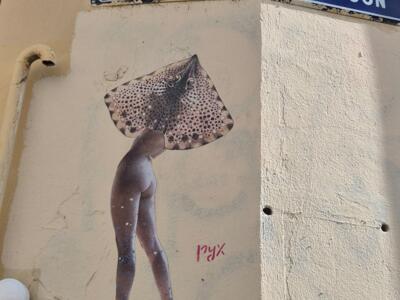 Stingray woman beneath the Bon Pasteur sign — Street art in Lyon